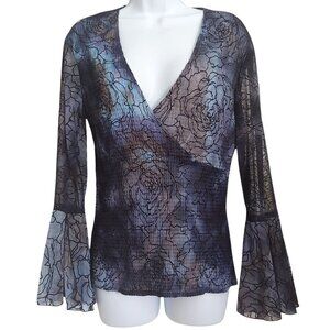 Cache Stormy Water Smocked Waffle Metallic Baby Doll Whimsigoth Fairy Y2K  Top L